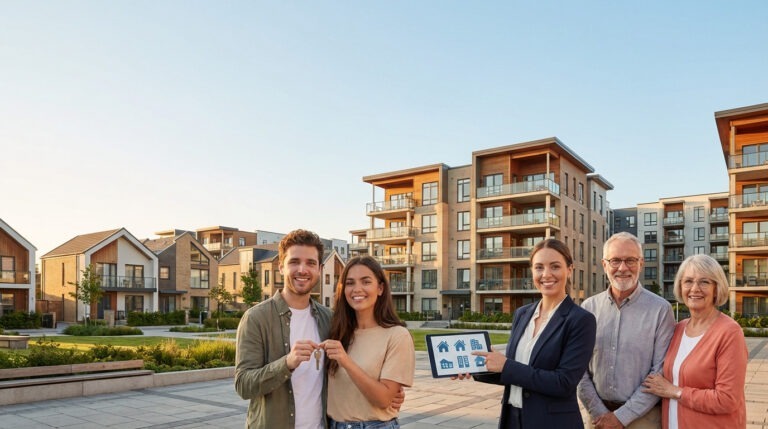 Un couple jeune avec clés, un couple senior et un agent immobilier avec tablette devant des résidences modernes.