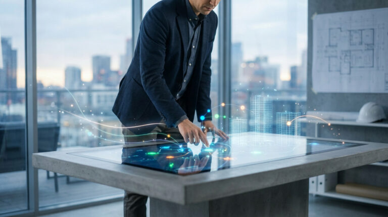 Man interacts with a large digital touchscreen displaying dynamic data visualizations, architectural diagrams, and glowing connections for BTP.