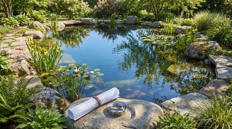 A serene, newly designed garden pond with clear water reflecting the sky, surrounded by lush plants. Blueprints and a measuring tape rest on a foreground stone.