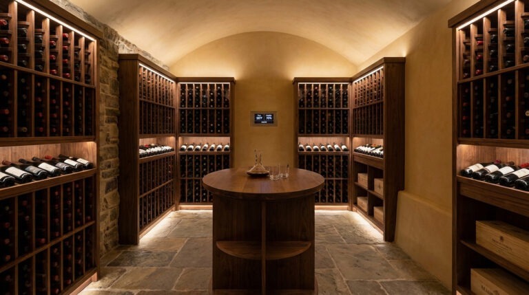 Elegant home wine cellar with custom wooden racks, stone walls, soft LED lighting, a central table, and a climate control panel.