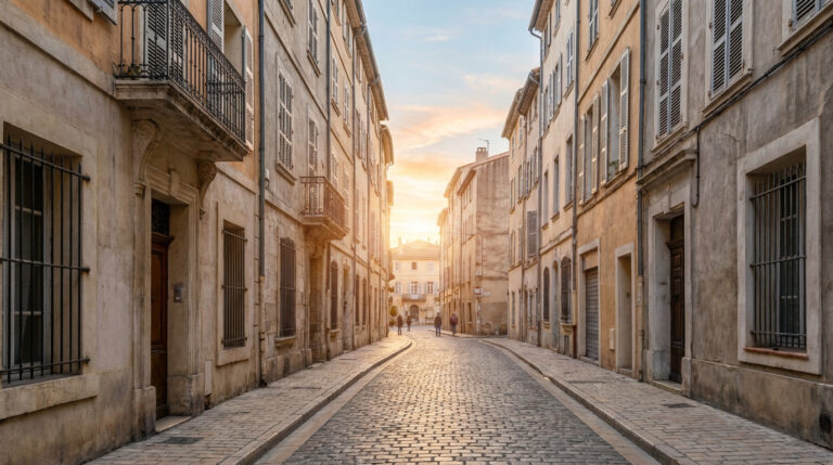 Ruelle pavée bordée de bâtiments anciens aux volets fermés sous un ciel de coucher de soleil. Lumière chaude sur les pavés.