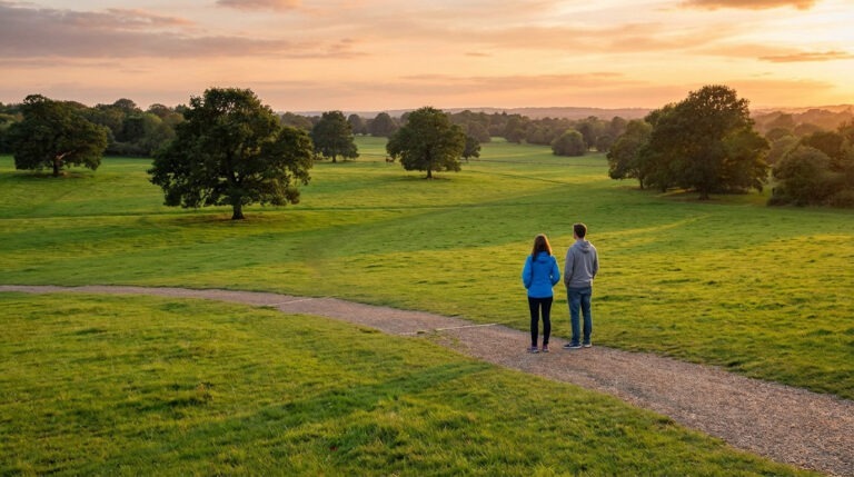 Deux personnes sur un chemin de terre regardant une immense prairie verdoyante parsemée d'arbres, sous un ciel de coucher de soleil.