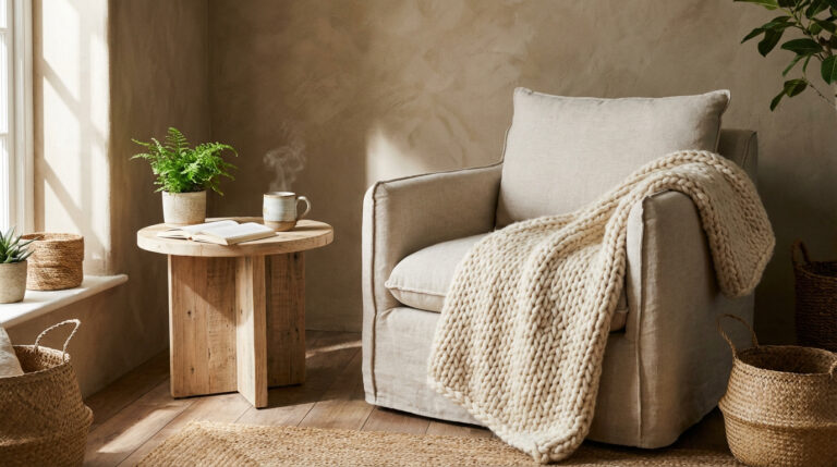Image d'un coin salon serein avec fauteuil en lin, plaid en laine, table en bois recyclé, plantes et lumière naturelle.