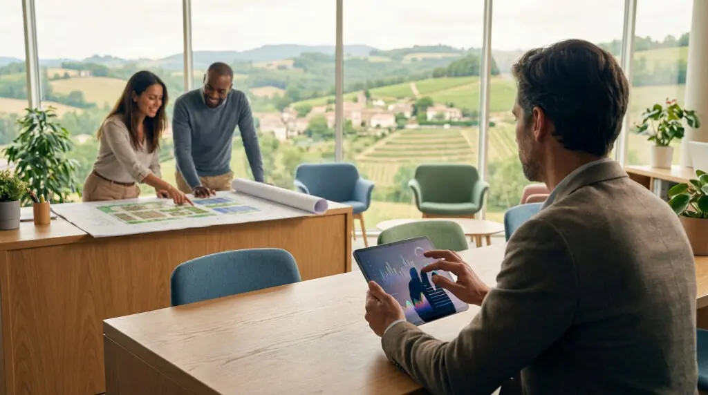 Trois collègues collaborent dans un bureau lumineux avec vue sur un paysage verdoyant. Un homme consulte une tablette, deux autres étudient des plans.
