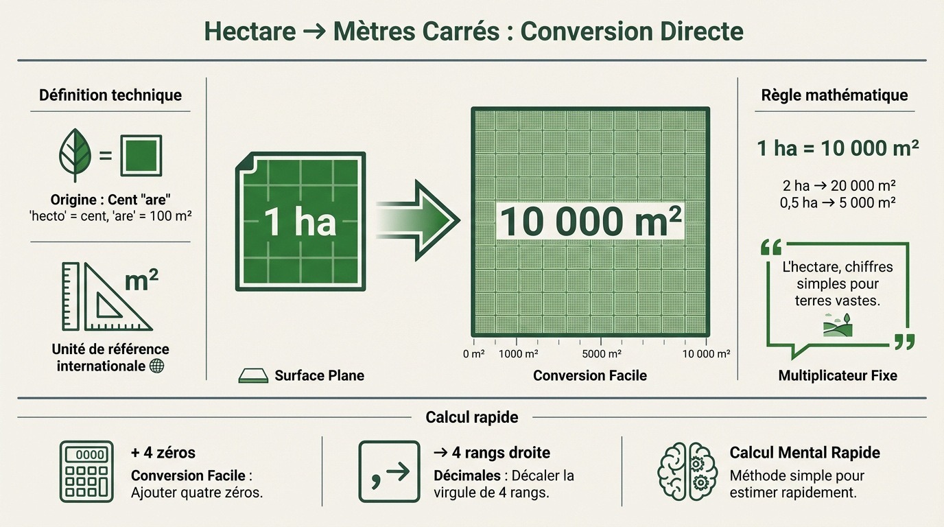 Schéma de conversion de 1 hectare en m2 montrant un carré de 100 mètres de côté