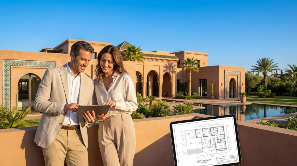 Un couple examine des plans immobiliers numériques devant une magnifique villa marocaine avec piscine et palmiers sous un ciel bleu clair.