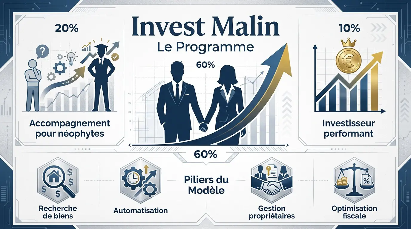 Infographie présentant les piliers du programme Invest Malin et le parcours des fondateurs Cardin
