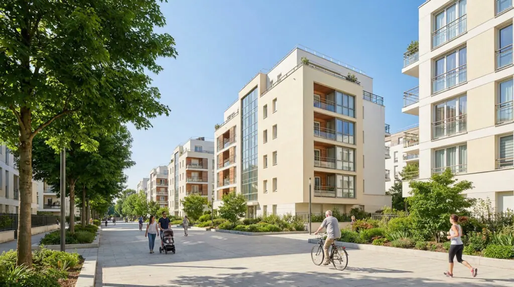 Allée bordée d'immeubles modernes et d'arbres, avec des passants, un cycliste et une joggeuse. Journée ensoleillée.