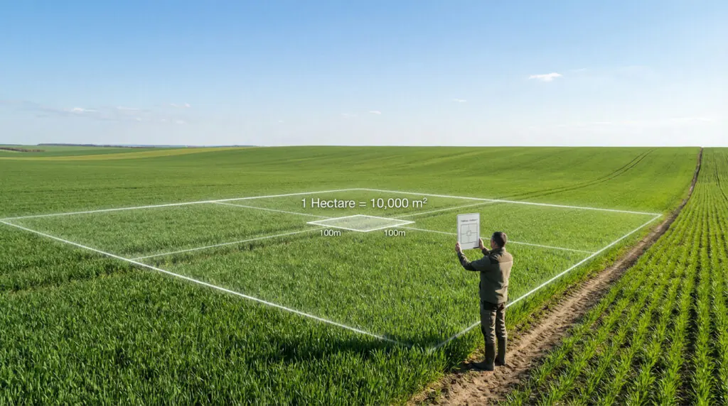 Homme dans un champ vert avec infographie montrant qu'un hectare est un carré de 100m de côté (10 000 m²). Il tient une tablette.