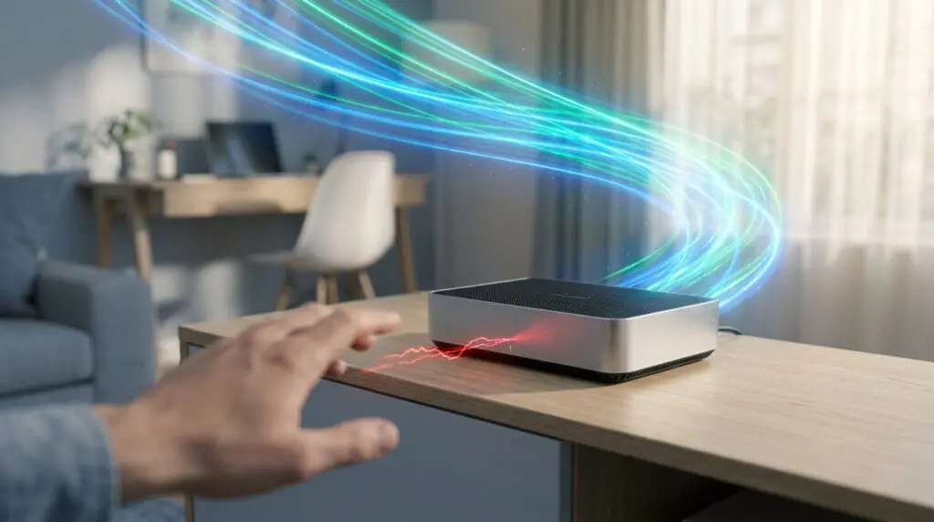 Un routeur fibre sur une table en bois. Une main s'approche, tandis que des flux lumineux bleus et verts sortent du boîtier avec un éclair rouge.