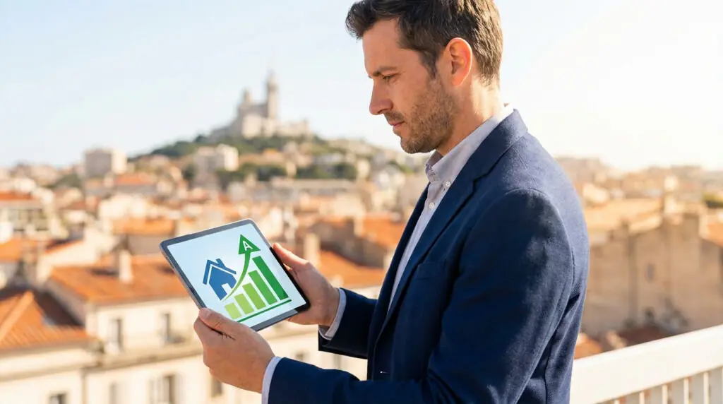 Homme en blazer consultant une tablette montrant un graphique immobilier ascendant et une étiquette A, devant un panorama urbain ensoleillé.