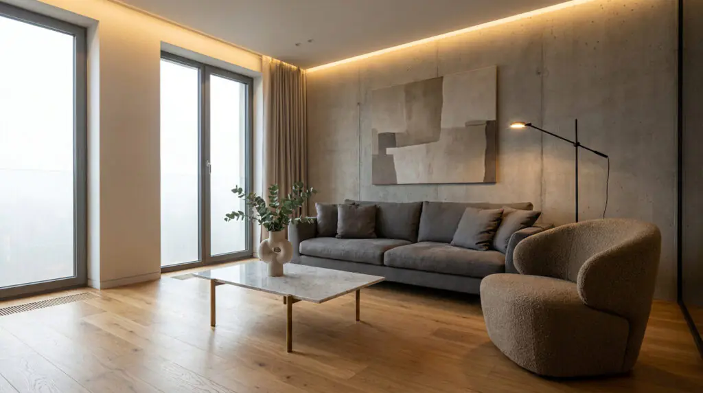 Salon contemporain avec canapé gris, fauteuil en bouclette beige, table basse en marbre, mur en béton et grandes fenêtres lumineuses.