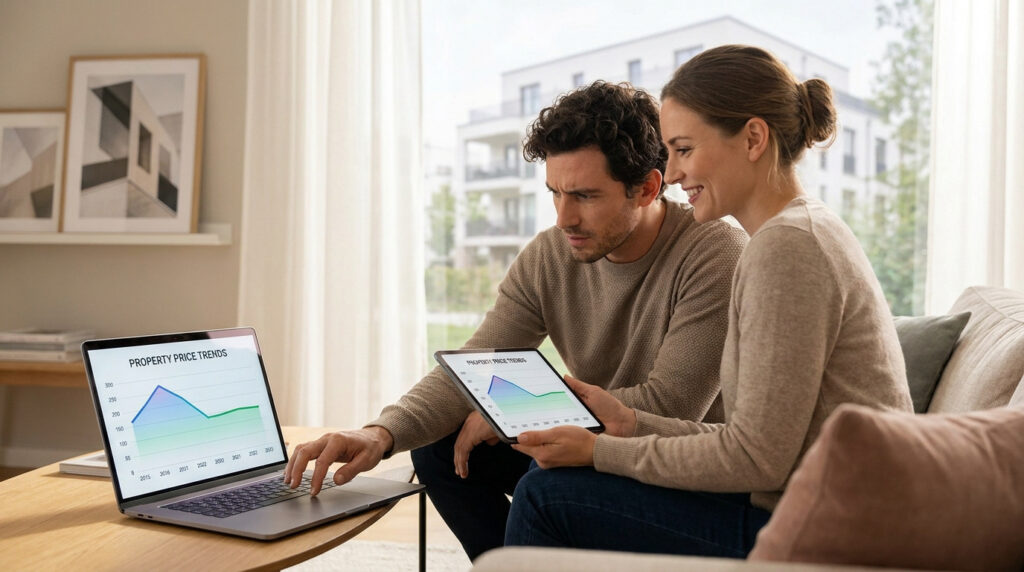 Un couple consulte des graphiques sur un ordinateur et une tablette dans un salon moderne pour suivre l'immobilier.