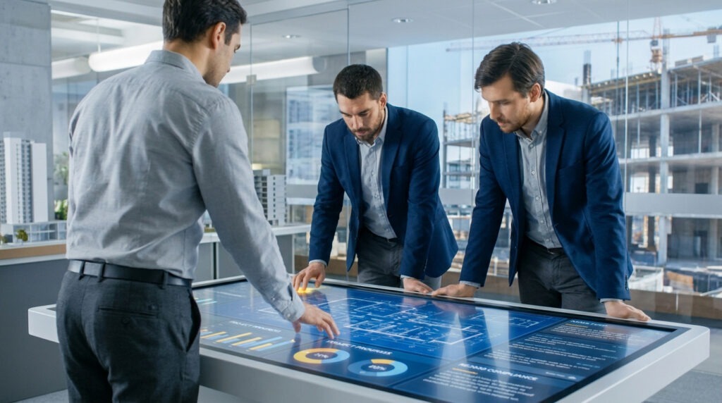 Trois professionnels du BTP interagissent avec des plans architecturaux et données de projet sur une table tactile. Chantier en construction visible.