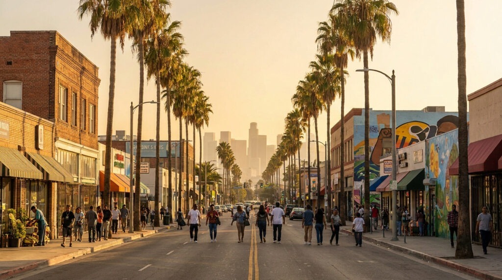 Vue d'une rue animée à Compton avec des palmiers, des commerces et la skyline de Los Angeles au loin au coucher du soleil.