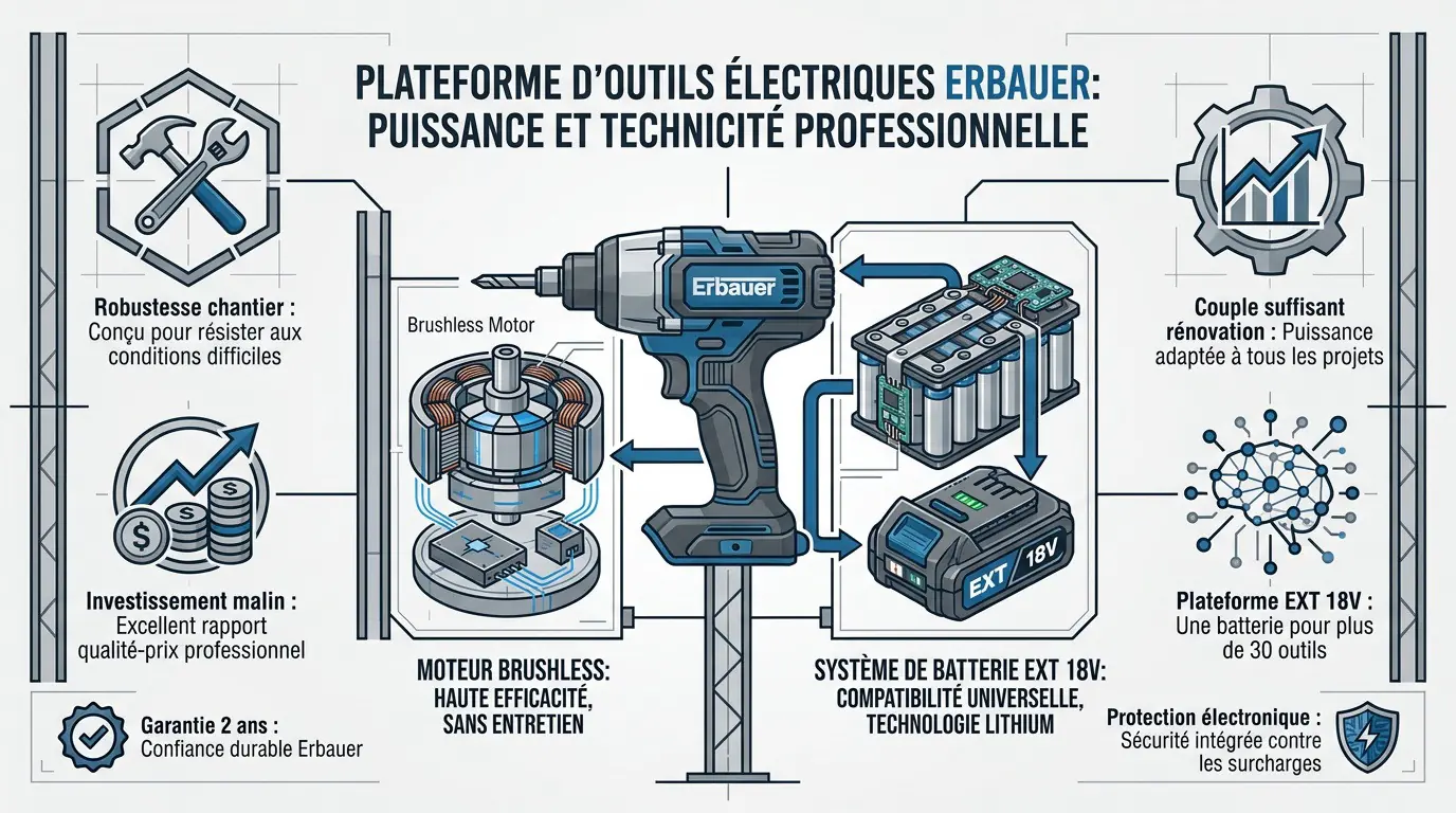 Infographie présentant la puissance et la technologie des outils électriques Erbauer
