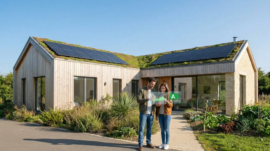 Maison éco-responsable avec toit végétalisé et panneaux solaires. Un couple visualise un DPE A holographique.