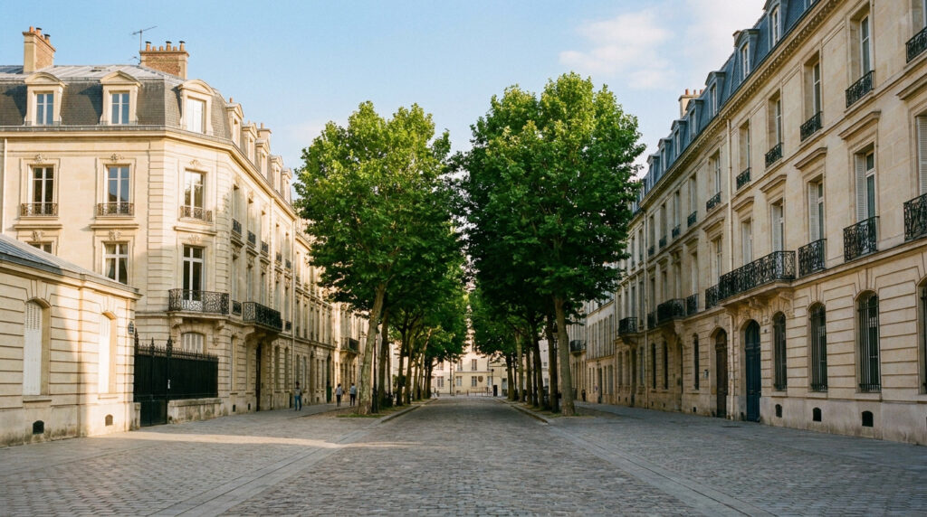 Rue pavée bordée d'immeubles haussmanniens en pierre de taille avec des arbres feuillus au centre.