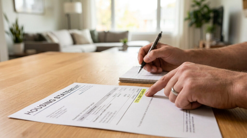 Mains d'une personne examinant une facture de loyer sur une table en bois dans un salon lumineux.