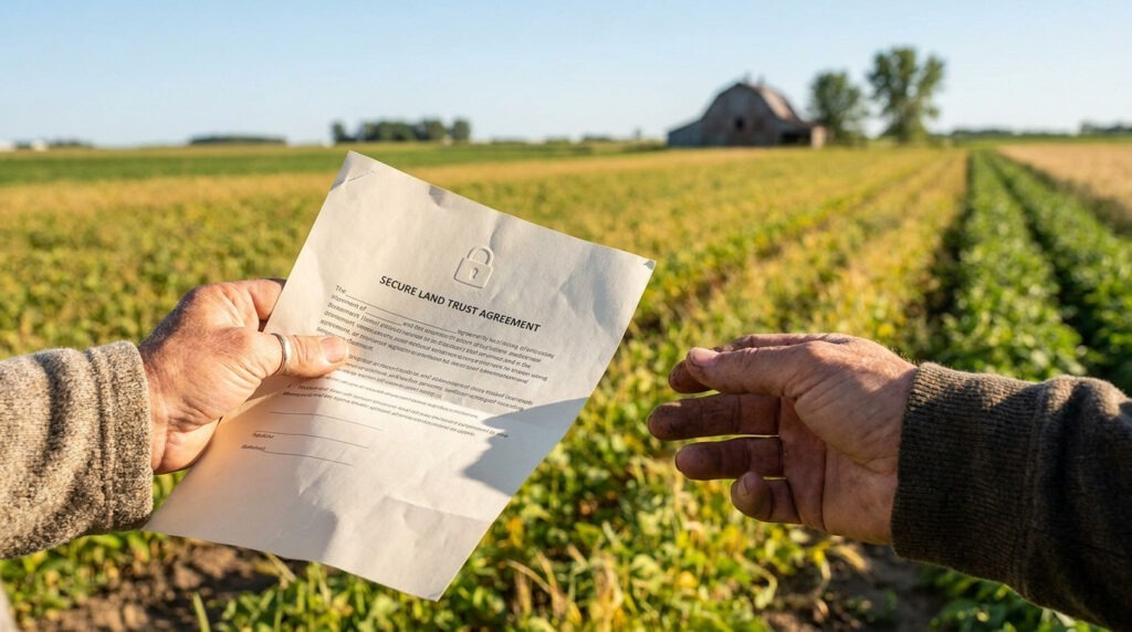Mains tenant un document de bail rural devant un champ cultivé avec une grange en arrière-plan.