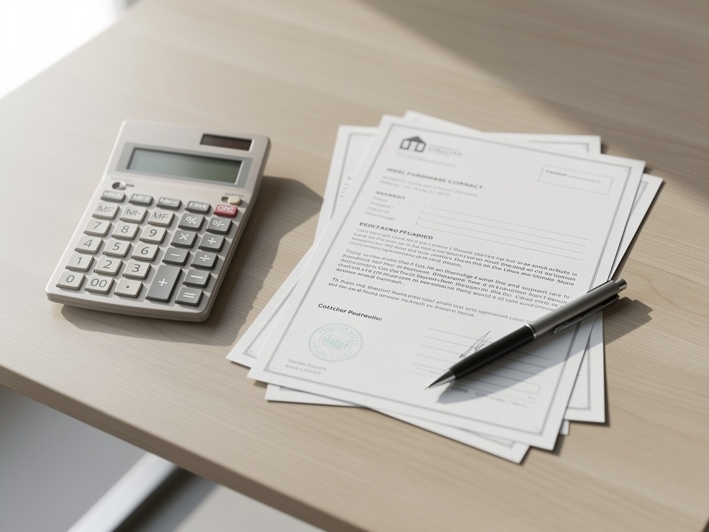 Calculatrice et acte de propriété sur un bureau pour estimer le rachat de part d'une maiso