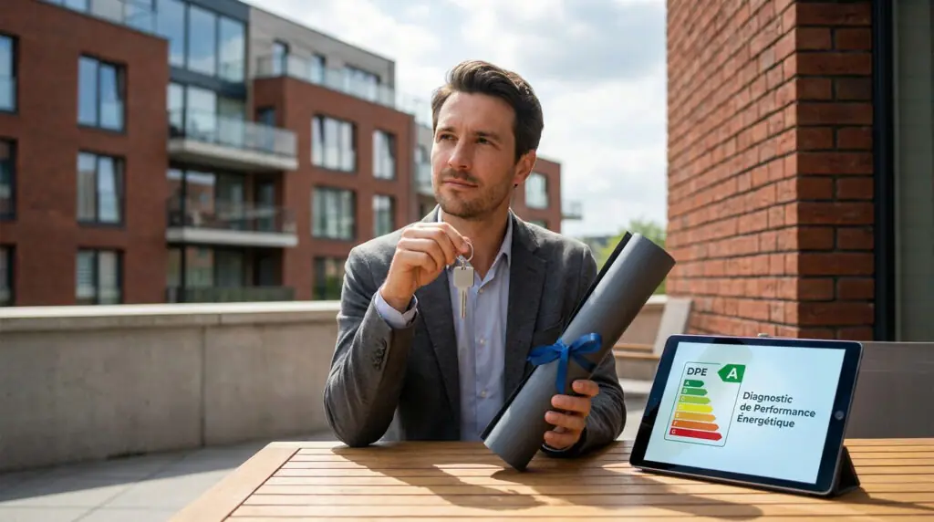 Un homme en costume tient des clés et un document devant une tablette affichant un DPE classé A.