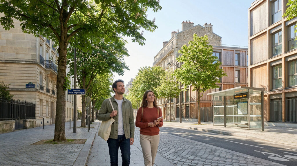 Un jeune couple marche joyeusement dans une rue arborée de Maisons-Alfort, près d'un arrêt de bus moderne.
