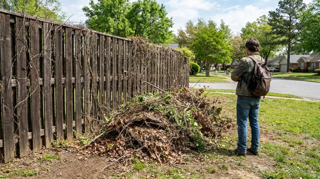 Un homme regarde un tas de déchets verts et de branches accumulés le long d'une clôture en bois dans un quartier.