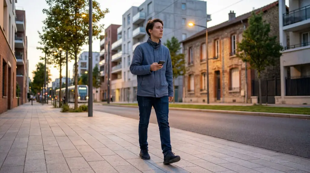 Un jeune homme marche sur un trottoir urbain à Bagnolet avec un smartphone à la main, entouré d'immeubles résidentiels.