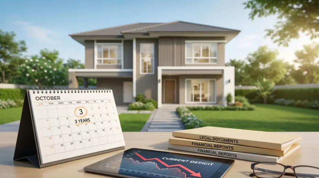 Calendrier avec "3 ans" entouré, tablette affichant un graphique de déficit financier et maison moderne en arrière-plan.