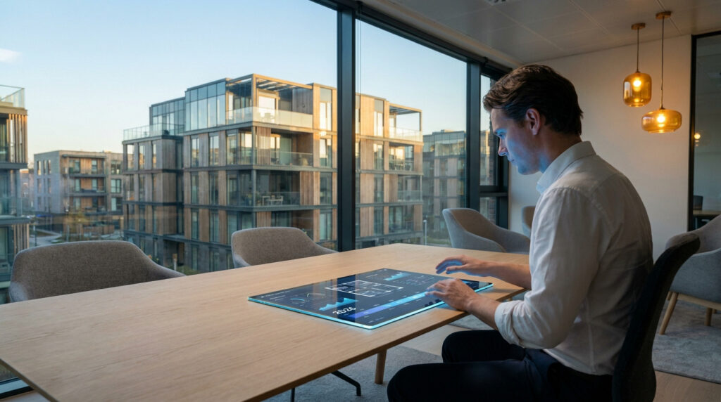 Un homme d'affaires travaille sur une tablette tactile intégrée à une table de réunion face à des bâtiments modernes.