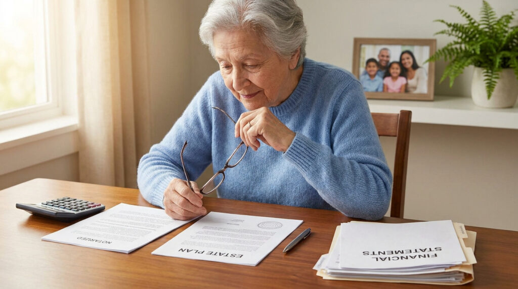 Une femme âgée assise à son bureau examine des documents de planification successorale et des relevés financiers.