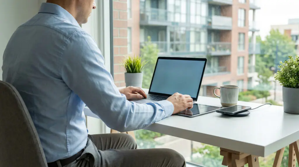 Un homme travaillant sur un ordinateur portable dans un bureau moderne avec vue sur la ville.