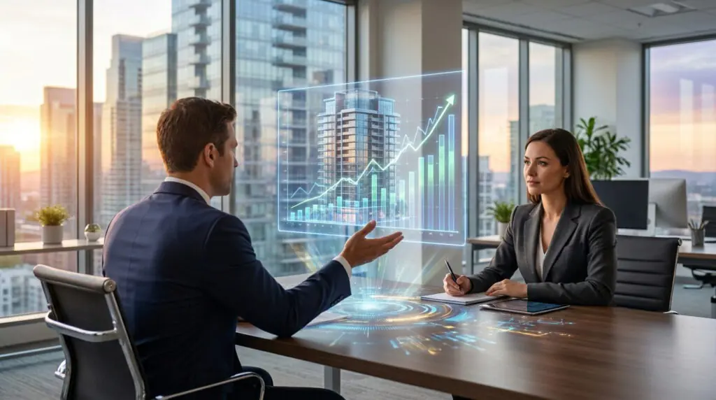 Un consultant en costume présente une projection holographique d'un gratte-ciel et de graphiques de croissance à une cliente.