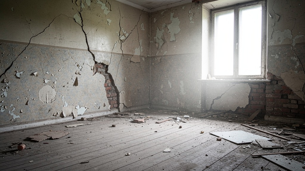 Intérieur délabré d'une maison abandonnée avant travaux de réhabilitation