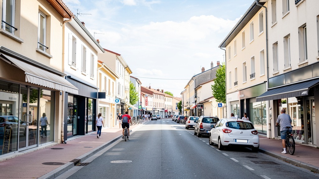 Rue animée du centre-ville de Meyzieu avec ses commerces