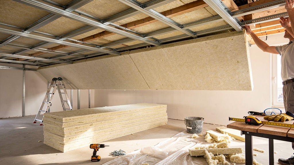 Artisan posant une isolation acoustique sur un plafond