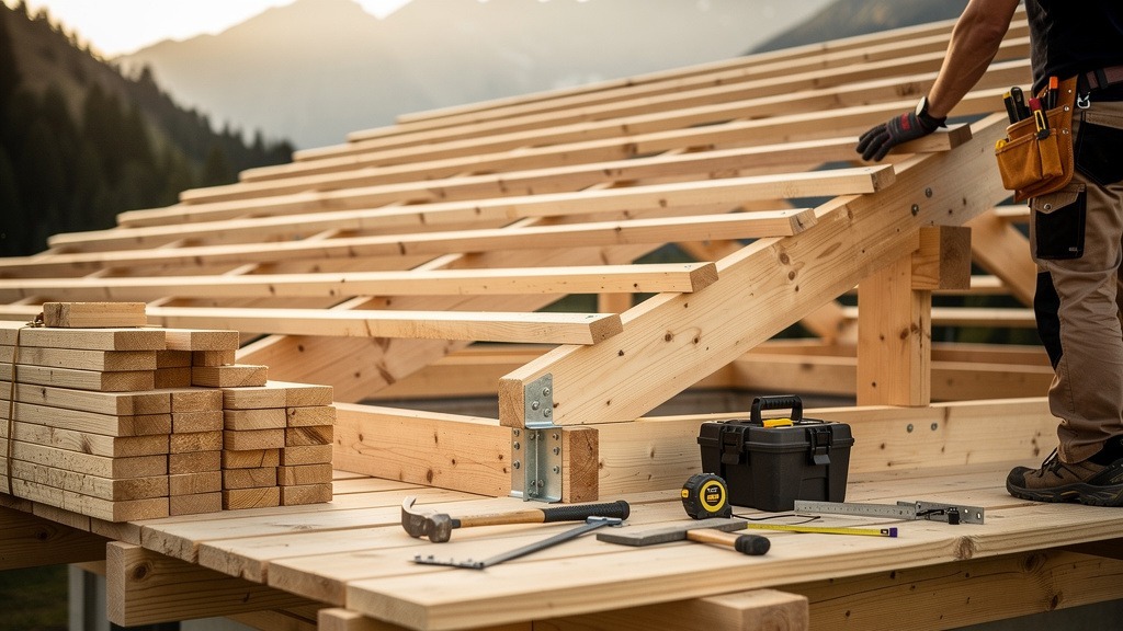 Charpentier travaillant sur le toit d'un chalet bois