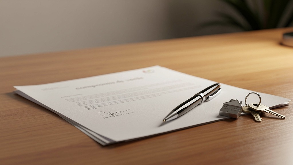 Compromis de vente signé posé sur un bureau avec stylo et clés