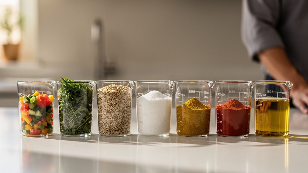 Ingrédients variés dans des verres mesureurs côte à côte