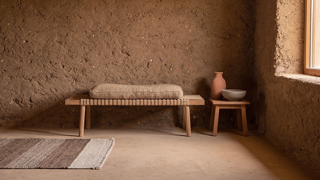 Intérieur d'une maison en terre crue avec murs bruts apparents