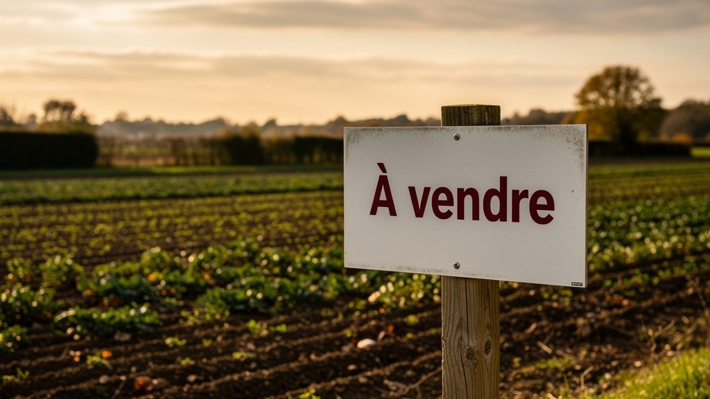 Panneau À vendre planté devant un terrain agricole