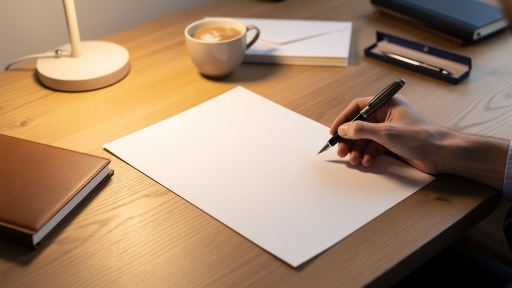 Personne rédigeant une lettre formelle à la main sur un bureau en bois