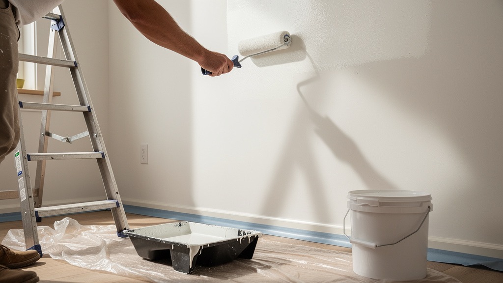 Propriétaire bricoleur appliquant de la peinture blanche sur les murs intérieurs de sa mai