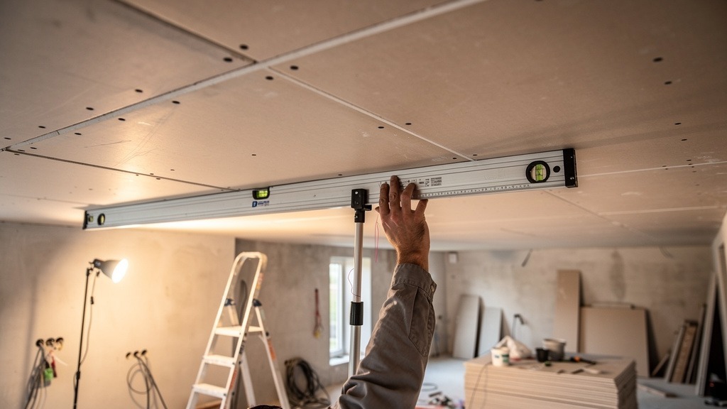 Vérification de la planéité d'un plafond en plaques de plâtre