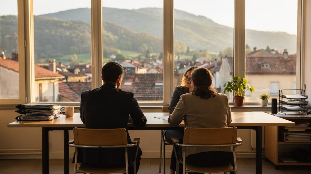Agent immobilier présentant des annonces à un couple dans une agence en Auvergne-Rhône-Alpes