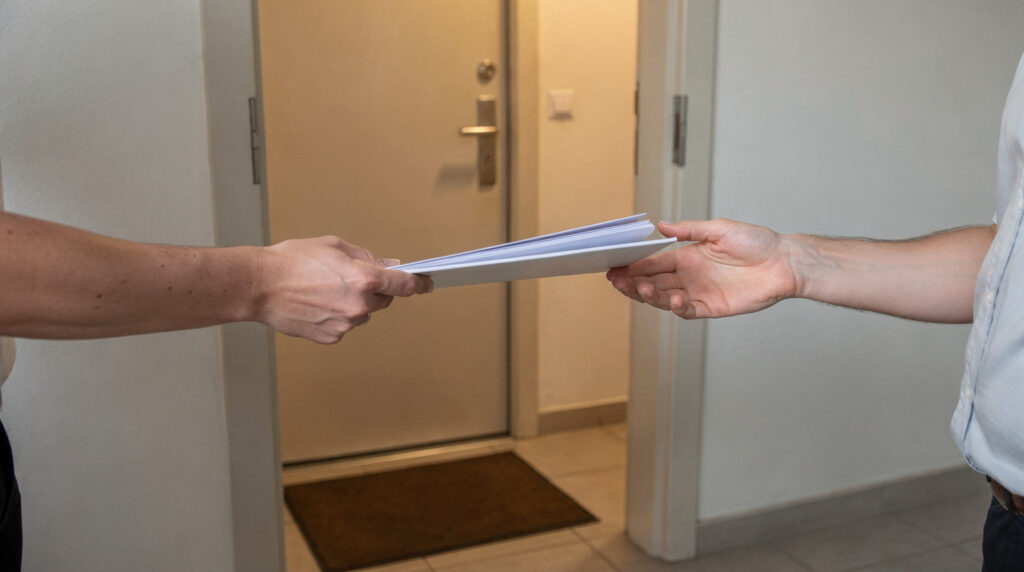 Bailleur remettant un document officiel à un locataire devant la porte d'un appartement