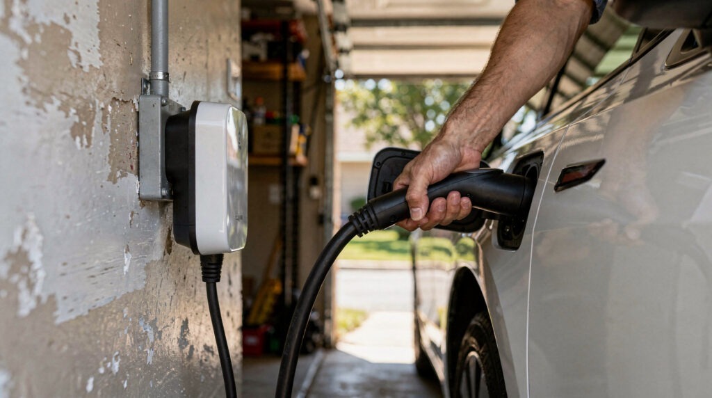 Borne de recharge wallbox installée dans un garage individuel