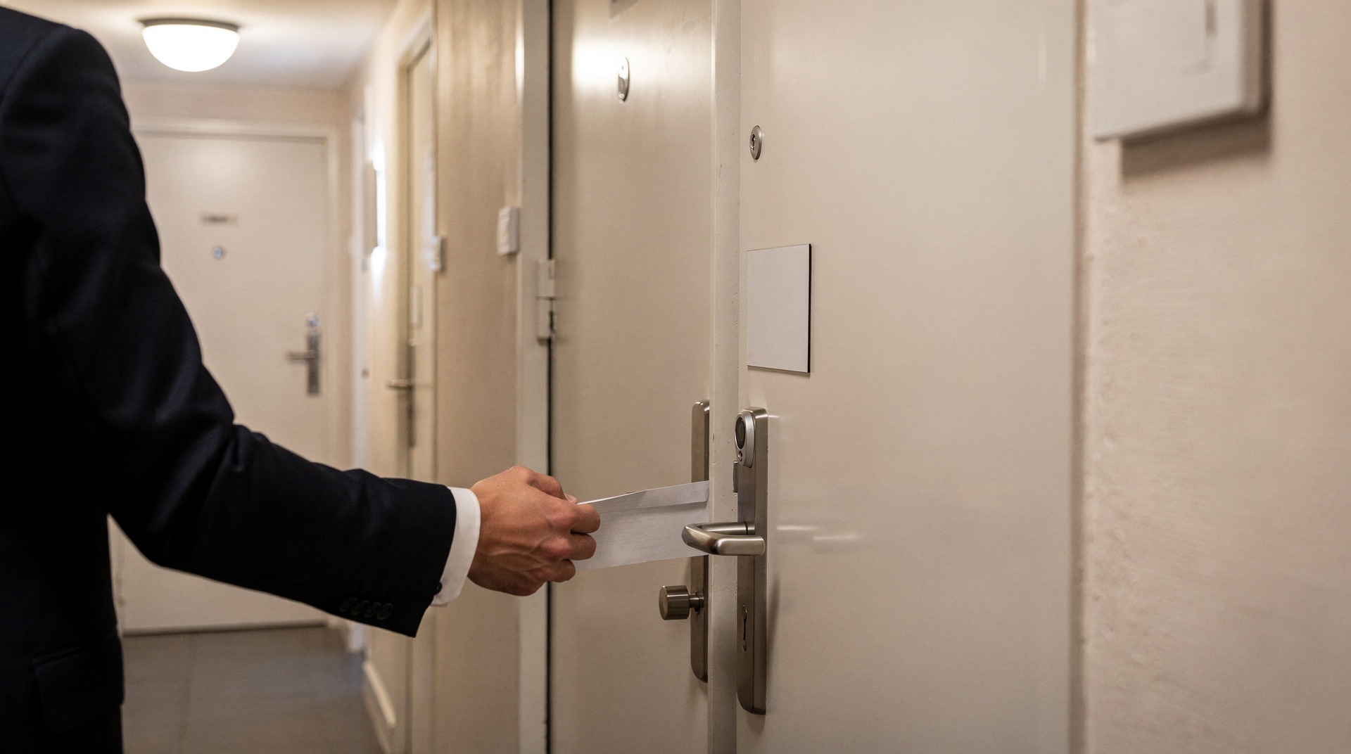 Commissaire de justice signifiant un acte dans le couloir d'un immeuble