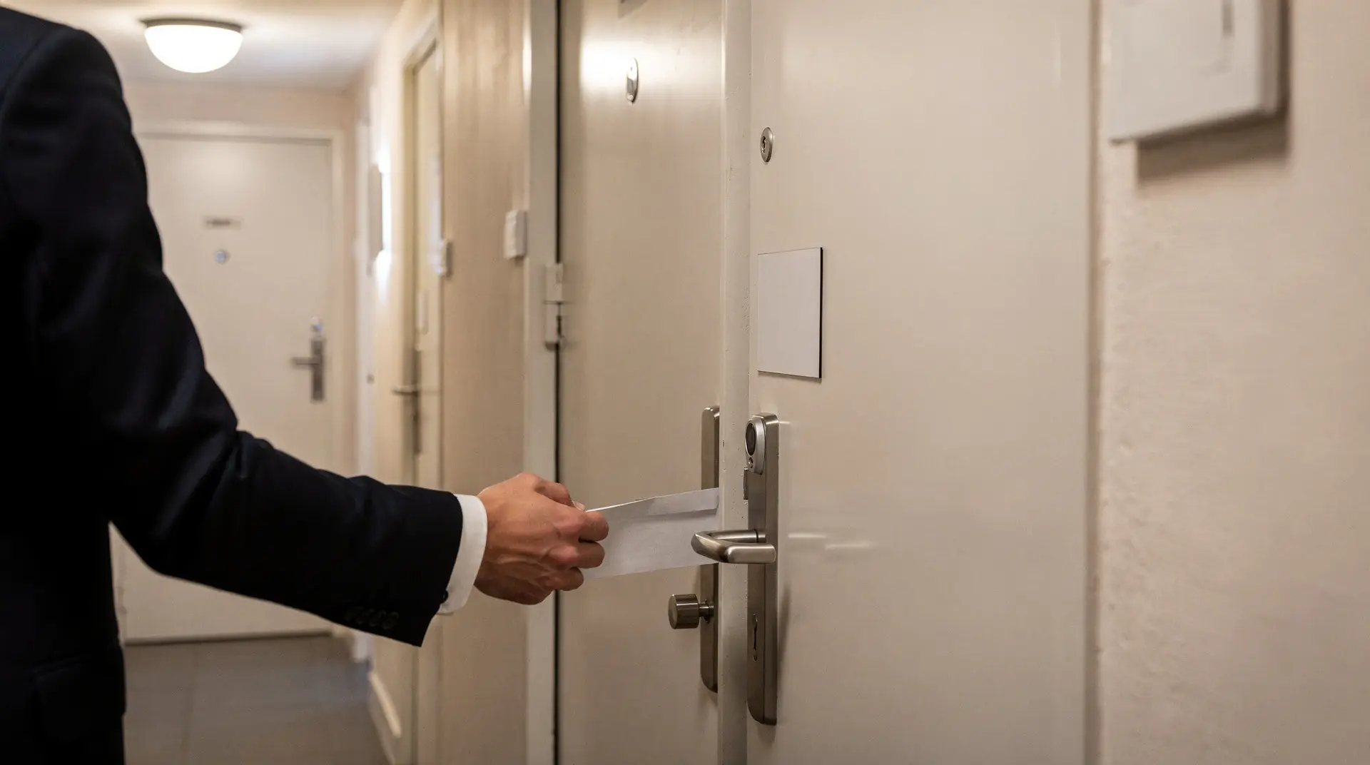 Commissaire de justice signifiant un acte dans le couloir d'un immeuble